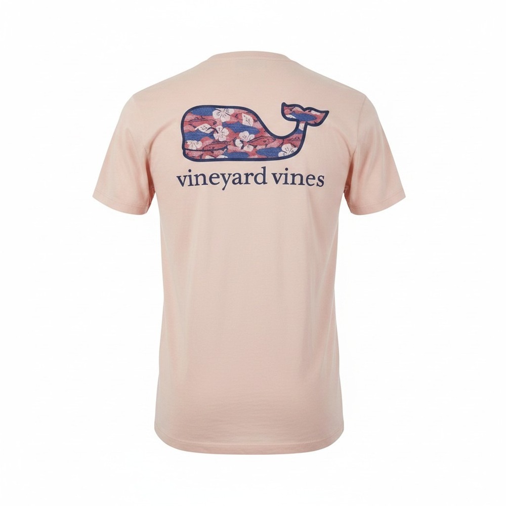 Vineyard Vines Mens M Peach Pink Floral Whale Graphic Pocket T-Shirt Cotton